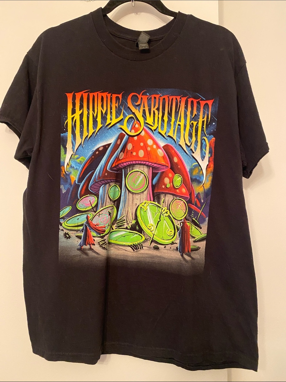 Gildan Black Graphic Tee with Neon Mushroom Print